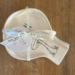 Rae Dunn Set of 2 Mushroom Spoon Rest White  with Black Lettering and Mushroom